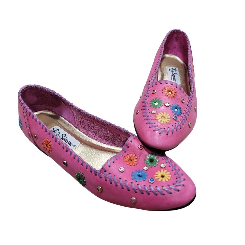 L.J. Simone‎ Leather Loafers Artsy 7M Pink Embroidered Floral Flats Boho Office